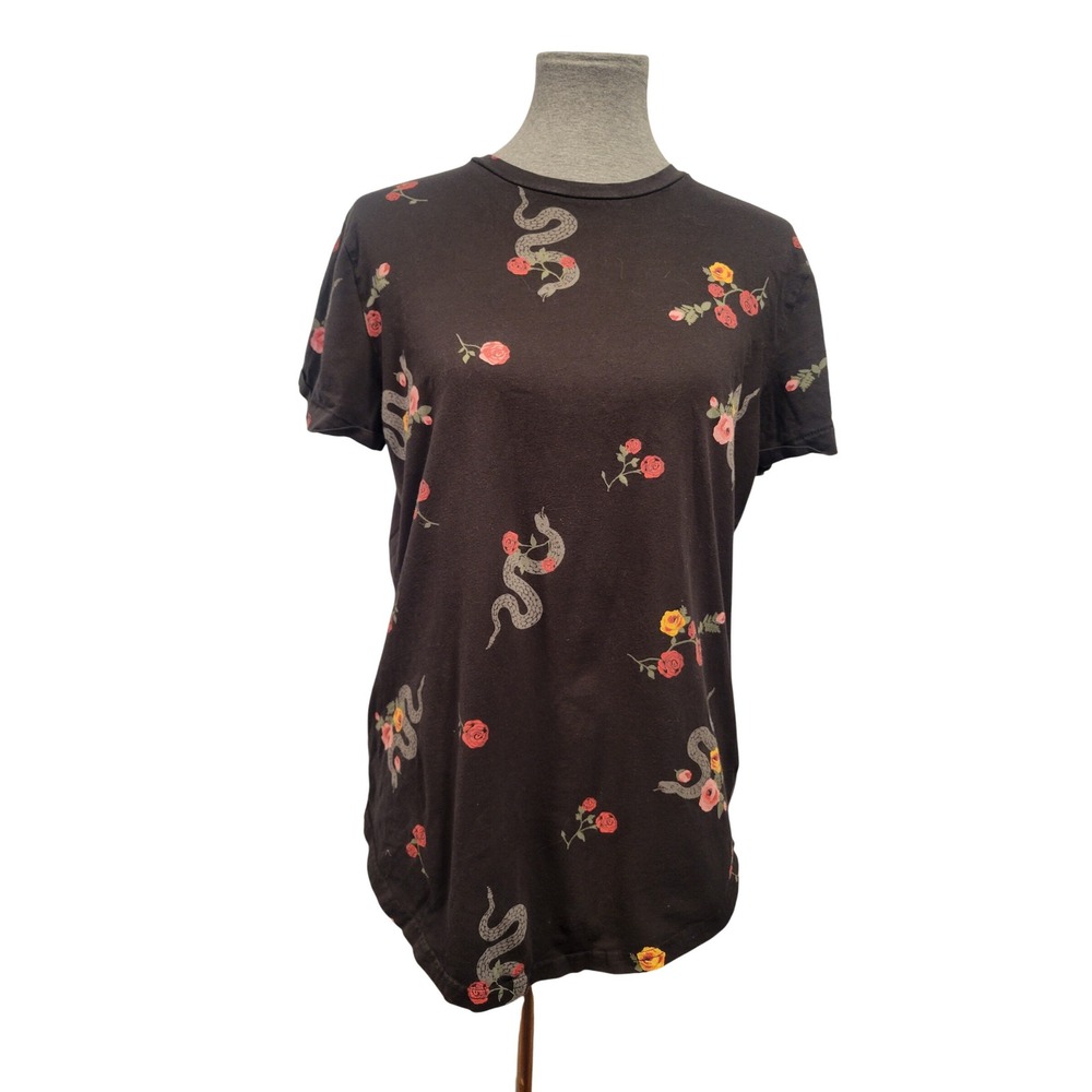 Hollister Men Medium Black Floral Snake Crewneck Curved Hem T Shirt Grunge Goth